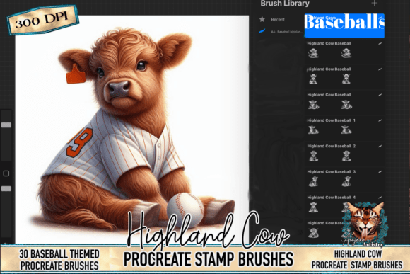Download Baseball Highland Cow Procreate Stamps - Premium Bundle